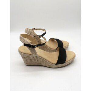 Anne Klein Black Wedge Sandals With Adjustable Strap Espadrille Size 10M NWOT